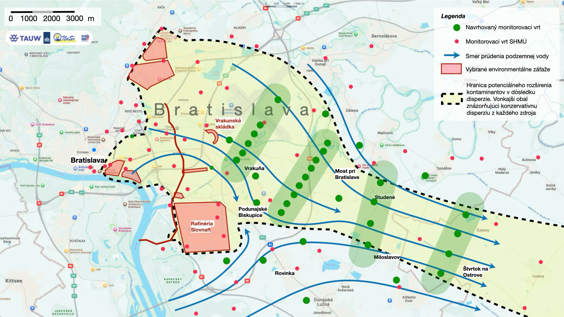 Mapa navrhovaných monitorovacích vrtov, vrtov SHMÚ a smeru prúdenia podzemnej vody