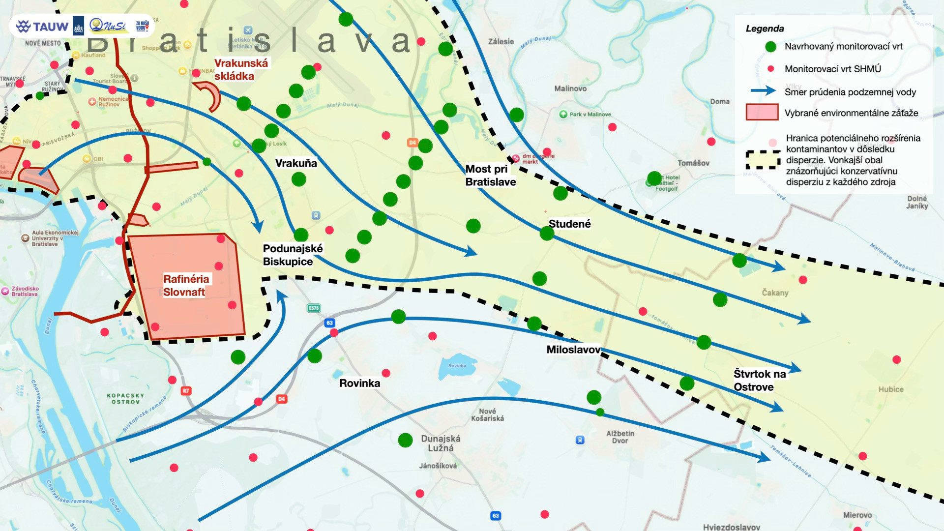 Navrhované monitorovacie vrty a monitorovacie vrty SHMÚ medzi Bratislavou a Štvrtkom na Ostrove