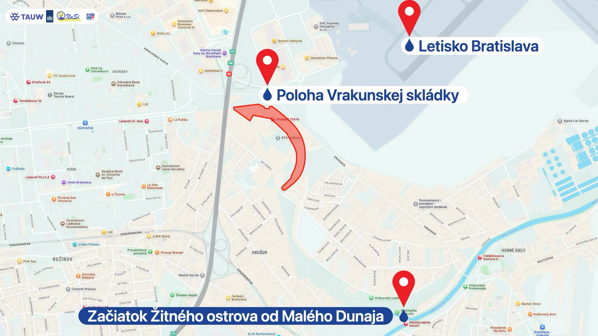 Letisko Bratislava, poloha Vrakunskej skládky a začiatok Žitného ostrova od Malého Dunaja