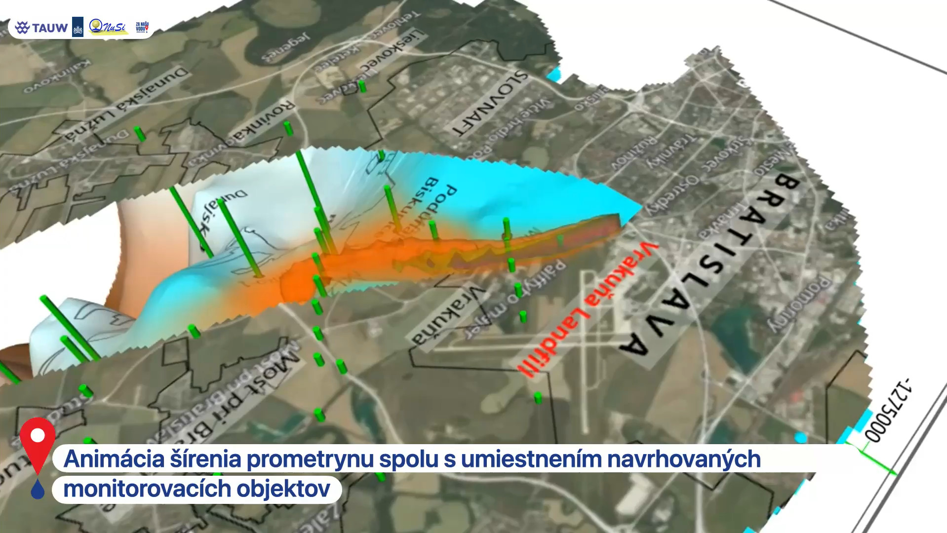 Animácia šírenia prometrynu spolu s umiestnením navrhovaných monitorovacích objektov